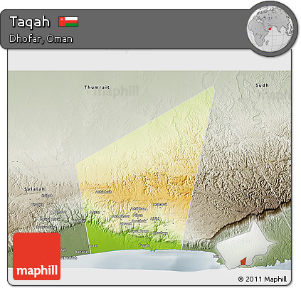 Physical 3D Map of Taqah, semi-desaturated