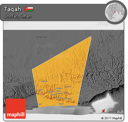 Political 3D Map of Taqah, darken, desaturated
