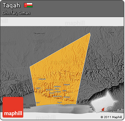 Political 3D Map of Taqah, darken, desaturated