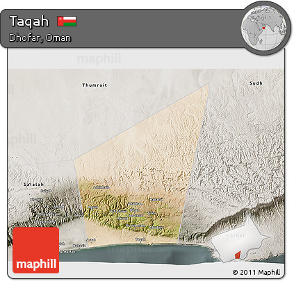 Satellite 3D Map of Taqah, semi-desaturated