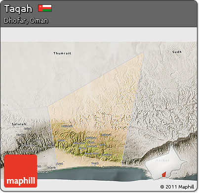 Satellite 3D Map of Taqah, semi-desaturated