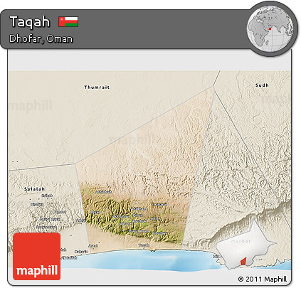 Satellite 3D Map of Taqah, shaded relief outside