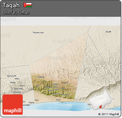 Satellite 3D Map of Taqah, shaded relief outside