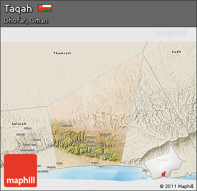 Satellite 3D Map of Taqah, shaded relief outside