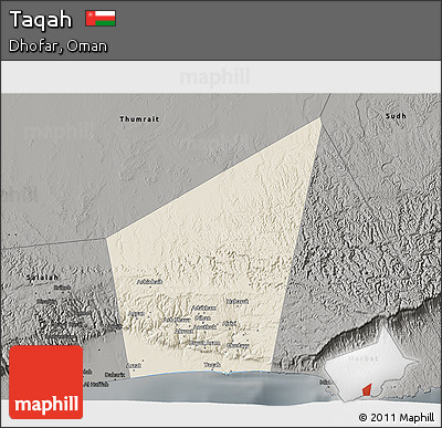 Shaded Relief 3D Map of Taqah, darken, semi-desaturated