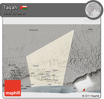 Shaded Relief 3D Map of Taqah, darken, semi-desaturated