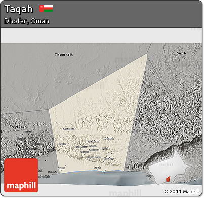 Shaded Relief 3D Map of Taqah, darken, semi-desaturated