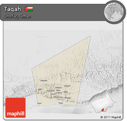 Shaded Relief 3D Map of Taqah, lighten, desaturated