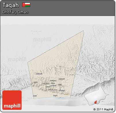 Shaded Relief 3D Map of Taqah, lighten, desaturated