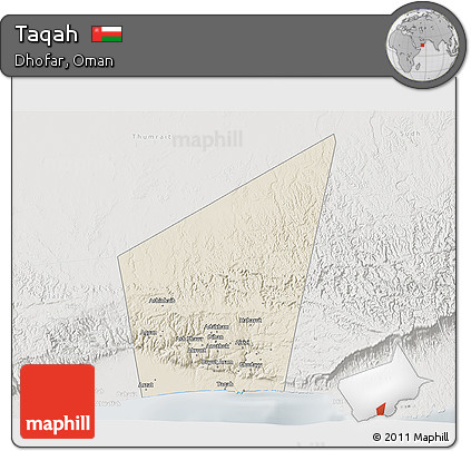 Shaded Relief 3D Map of Taqah, lighten, semi-desaturated