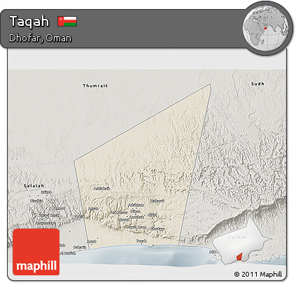 Shaded Relief 3D Map of Taqah, semi-desaturated