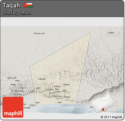 Shaded Relief 3D Map of Taqah, semi-desaturated