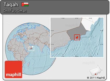Gray Location Map of Taqah, highlighted country, highlighted parent region, hill shading