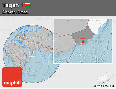 Gray Location Map of Taqah, highlighted country, highlighted parent region, hill shading
