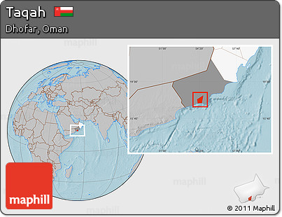 Gray Location Map of Taqah, highlighted country, highlighted parent region, hill shading