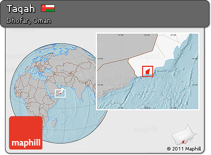 Gray Location Map of Taqah, highlighted country, hill shading