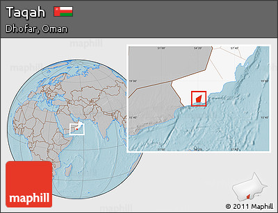 Gray Location Map of Taqah, highlighted country, hill shading