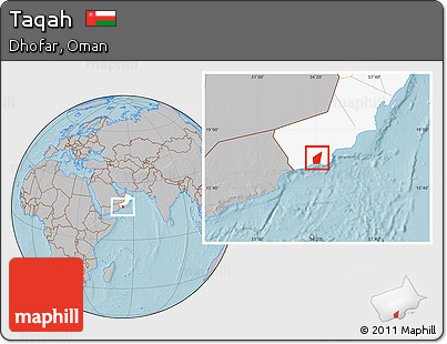 Gray Location Map of Taqah, highlighted country, hill shading