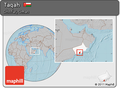 Gray Location Map of Taqah, highlighted parent region, within the entire country, hill shading