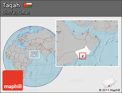 Gray Location Map of Taqah, highlighted parent region, within the entire country, hill shading