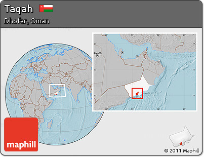 Gray Location Map of Taqah, highlighted parent region, within the entire country, hill shading