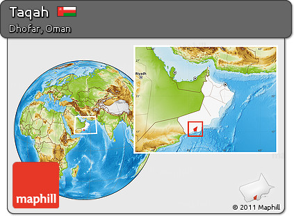 Physical Location Map of Taqah, highlighted country, within the entire country