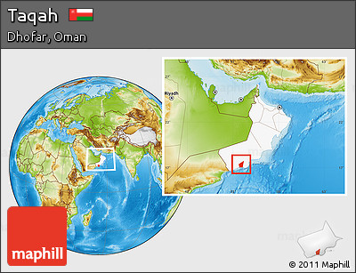 Physical Location Map of Taqah, highlighted country, within the entire country
