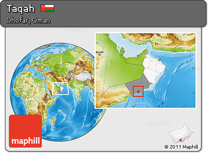Physical Location Map of Taqah, highlighted country, highlighted parent region, within the entire country