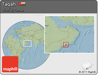 Savanna Style Location Map of Taqah, within the entire country, hill shading