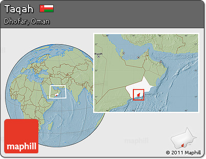 Savanna Style Location Map of Taqah, highlighted parent region, within the entire country, hill shading