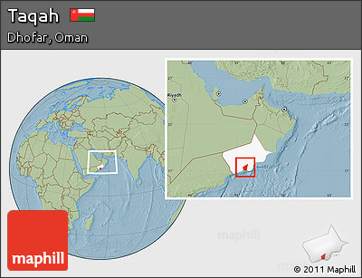 Savanna Style Location Map of Taqah, highlighted parent region, within the entire country, hill shading