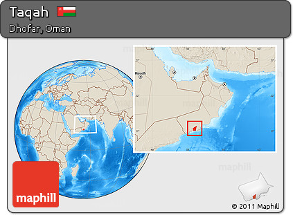 Shaded Relief Location Map of Taqah, within the entire country