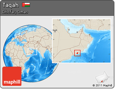 Shaded Relief Location Map of Taqah, within the entire country