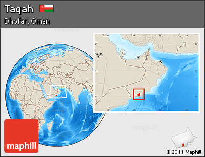 Shaded Relief Location Map of Taqah, within the entire country