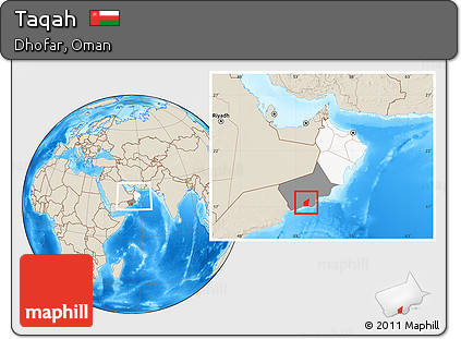 Shaded Relief Location Map of Taqah, highlighted country, highlighted parent region, within the entire country