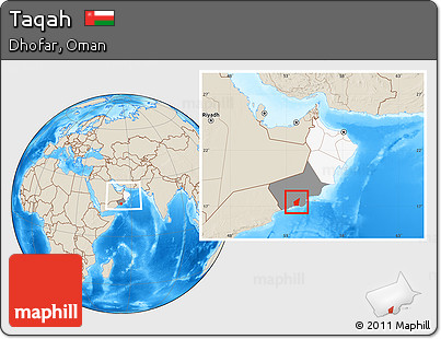 Shaded Relief Location Map of Taqah, highlighted country, highlighted parent region, within the entire country
