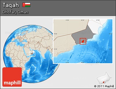 Shaded Relief Location Map of Taqah, highlighted country, highlighted parent region