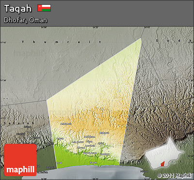 Physical Map of Taqah, darken, semi-desaturated