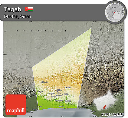 Physical Map of Taqah, darken, semi-desaturated