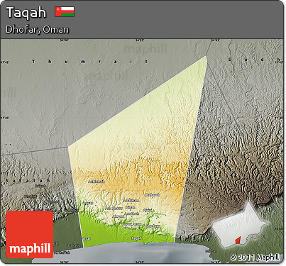 Physical Map of Taqah, darken, semi-desaturated