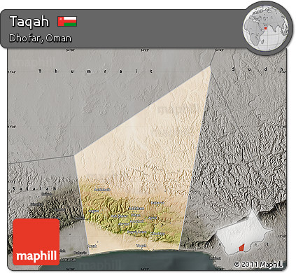 Satellite Map of Taqah, darken, semi-desaturated