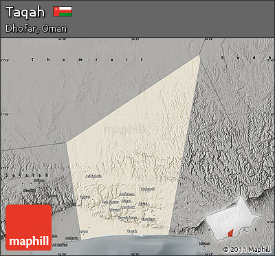 Shaded Relief Map of Taqah, darken, semi-desaturated