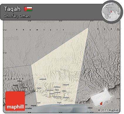 Shaded Relief Map of Taqah, darken, semi-desaturated