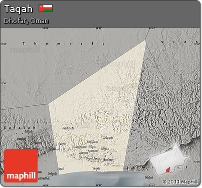 Shaded Relief Map of Taqah, darken, semi-desaturated