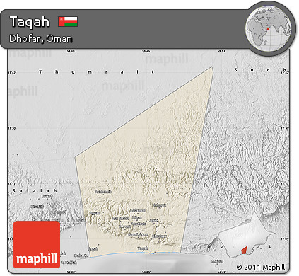 Shaded Relief Map of Taqah, desaturated