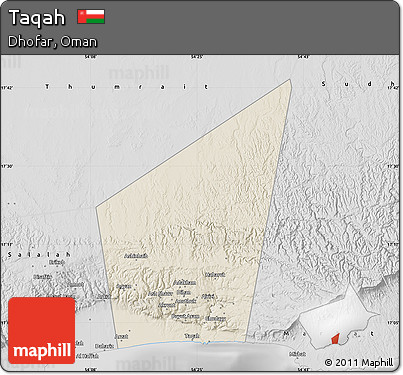 Shaded Relief Map of Taqah, desaturated
