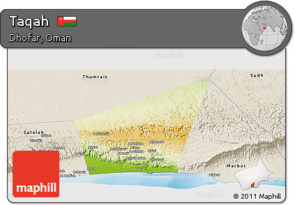 Physical Panoramic Map of Taqah, shaded relief outside