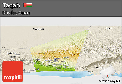 Physical Panoramic Map of Taqah, shaded relief outside