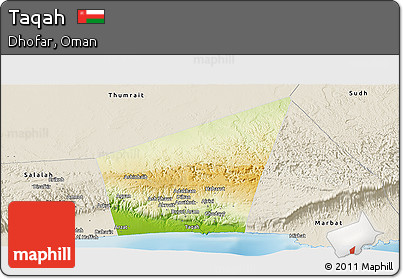 Physical Panoramic Map of Taqah, shaded relief outside