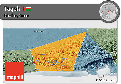 Political Panoramic Map of Taqah, semi-desaturated